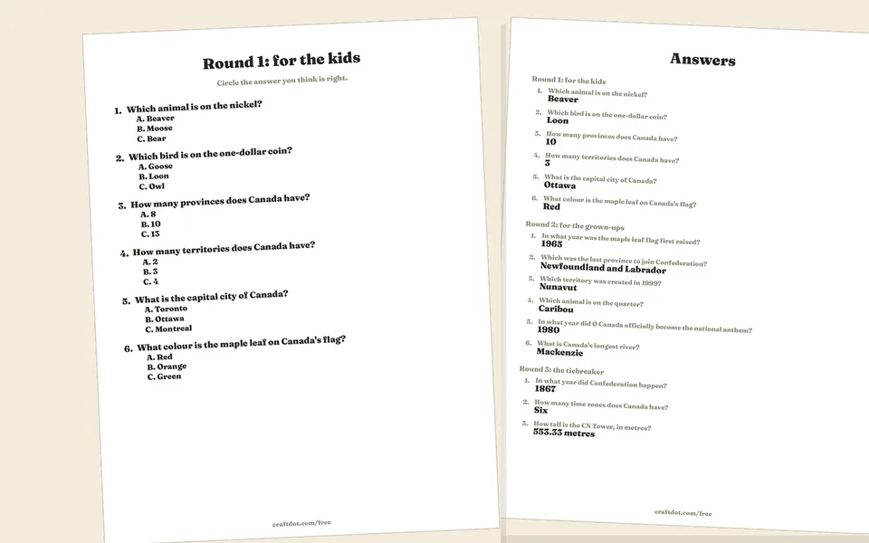 Two printed pages from the Canada trivia file on a pale cream surface, both slightly tilted. The left page is headed Round 1: for the kids and shows six numbered questions, starting with which animal is on the nickel, each with three lettered options. The right page is headed Answers and lists all fifteen answers under three round headings, each question in grey with its answer in black underneath. Both pages carry craftdot.com/free at the foot.