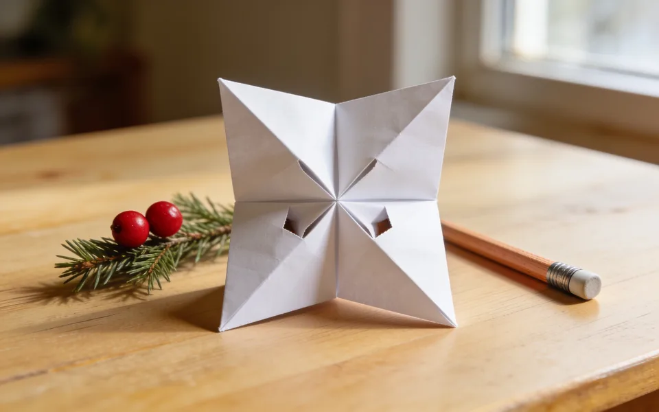 A paper cootie catcher folded from one square of plain white paper, standing open on a pale wooden table. Four triangular flaps meet at the middle, with the small pockets open where the points come together. Beside it lie a pencil and a sprig of evergreen with two red berries.