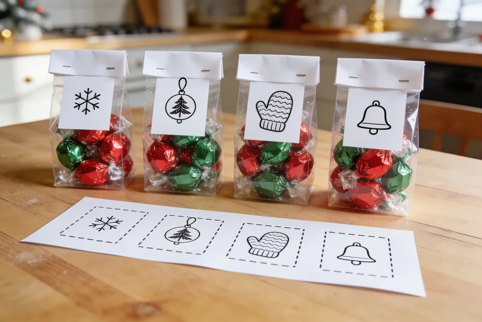 Four small clear bags of red and green foil-wrapped sweets standing in a row on a wooden kitchen table, each with a folded strip of white paper stapled over the top. Each strip carries one black line drawing and no writing: a snowflake, a bauble with a small tree inside it, a knitted mitten and a bell. A flat printed sheet lies in front of the bags showing the same four drawings, each inside a dashed cutting line.