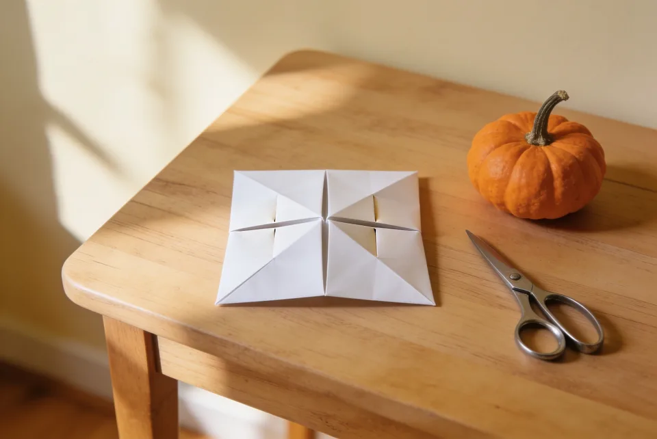 A finished paper cootie catcher folded from one square of plain white paper, lying flat on a pale wooden table. Four triangular flaps meet at the middle, with four small pockets open at the centre where the points come together. A pair of steel craft scissors and one small orange pumpkin sit beside it.