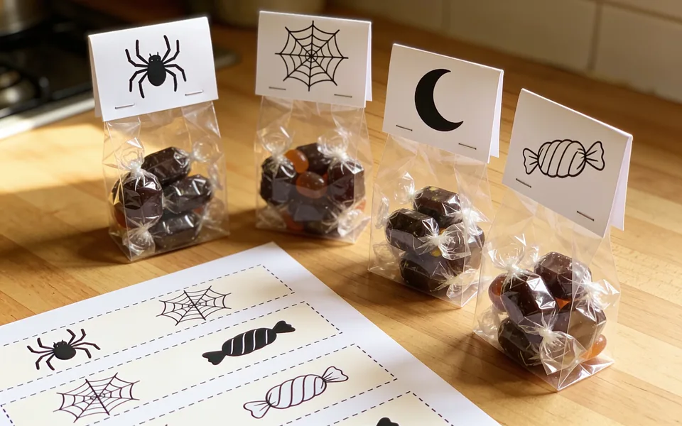 Four small clear bags of wrapped sweets standing on a pale wooden table in daylight, each with a folded white paper strip stapled over the top. The strips carry one black drawing each (a spider, a spider web, a crescent moon and a wrapped sweet). A flat printed sheet of more strips lies in front of them with fine dashed cutting lines around each one.
