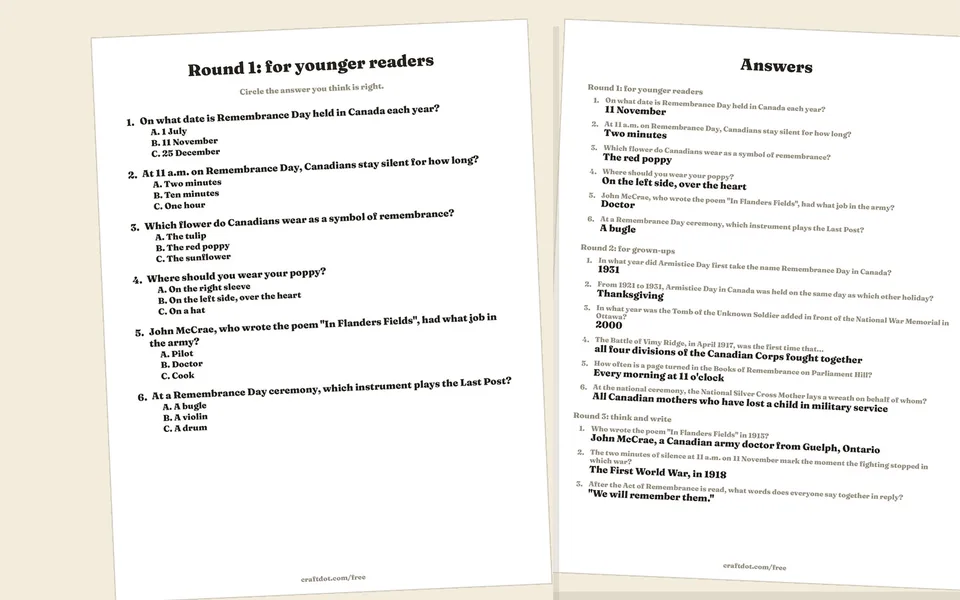 Two printed pages from the Remembrance Day quiz file on a pale cream surface, both slightly tilted. The left page is headed Round 1: for younger readers and shows six numbered questions, starting with the date Remembrance Day is held in Canada, each with three lettered options. The right page is headed Answers and lists all fifteen answers under three round headings, each question in grey with its answer in black underneath. Both pages carry craftdot.com/free at the foot.